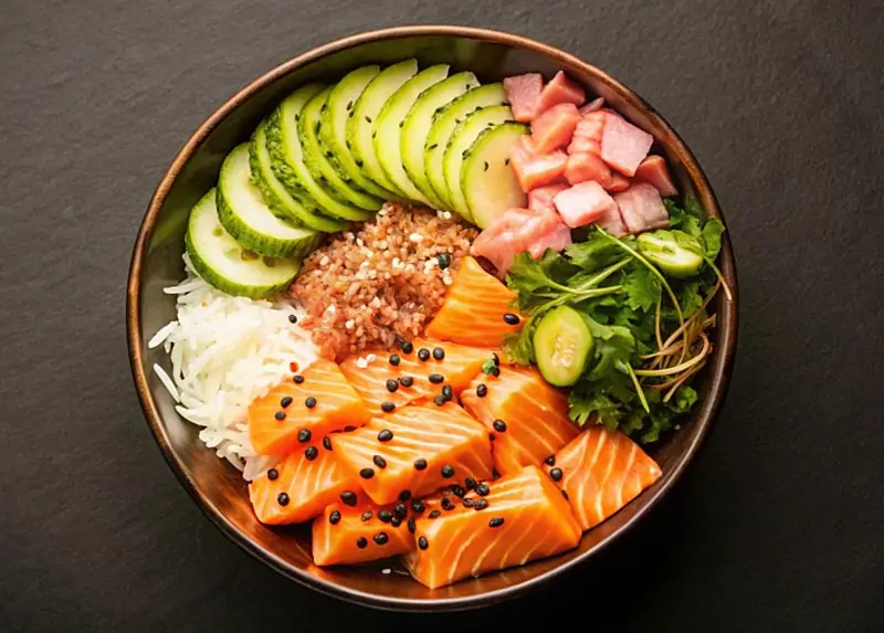 Le saumon spicy mayo : saumon coupé en dés, mayonnaise japonaise, sriracha (ou sambal oelek), huile de sésame. Garnitures : tobiko (œufs de poisson volant) et masago.