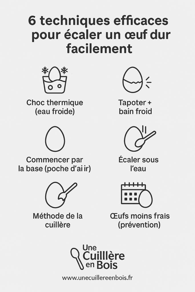 Infographie verticale montrant 6 techniques efficaces pour écaler un œuf dur facilement, avec icônes simples et conseils pratiques.