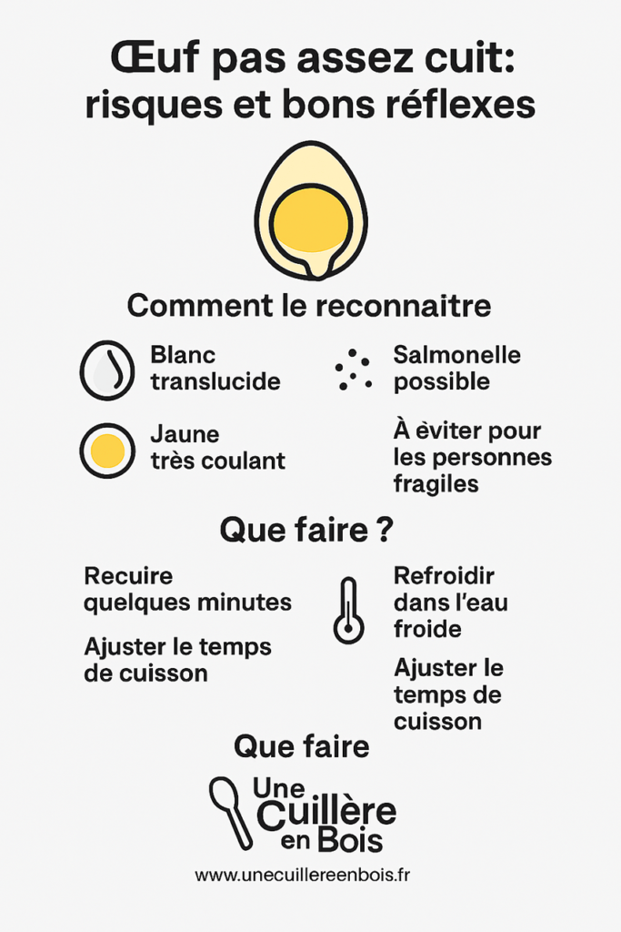 Infographie expliquant comment reconnaître un œuf pas assez cuit, les risques liés à la salmonelle et les bons réflexes pour recuire un œuf en toute sécurité.