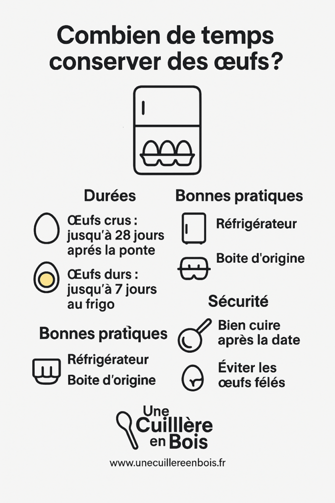 Infographie indiquant combien de temps conserver des œufs, les durées recommandées pour les œufs crus et les œufs durs, ainsi que les bonnes pratiques de conservation au réfrigérateur.