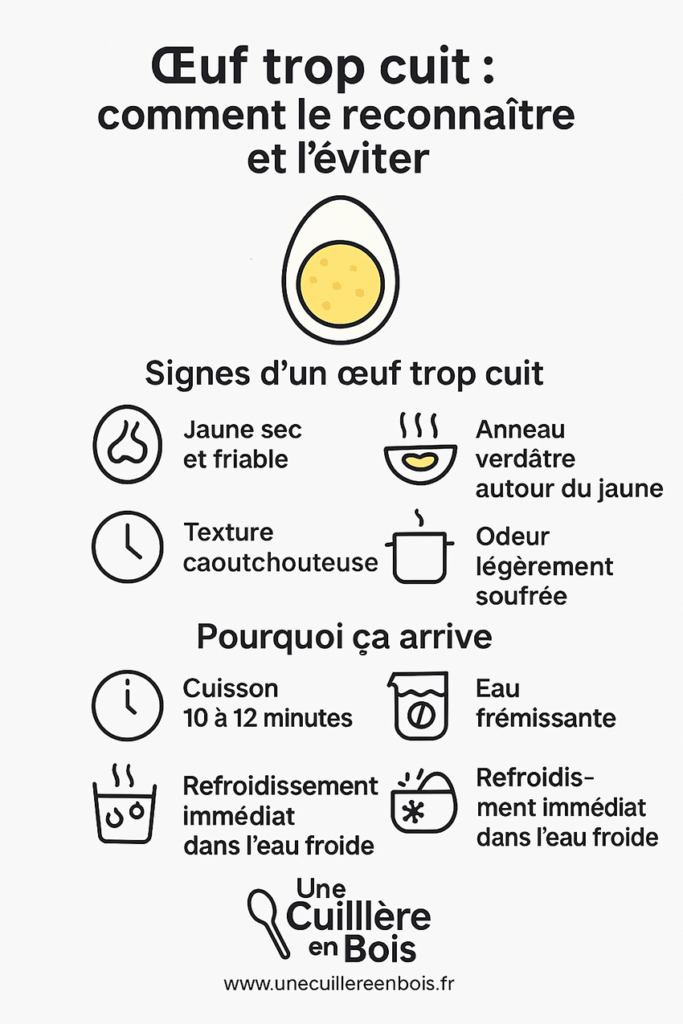 Infographie pédagogique expliquant comment reconnaître un œuf trop cuit, les signes visuels comme l’anneau verdâtre autour du jaune et les gestes pour éviter la surcuisson.