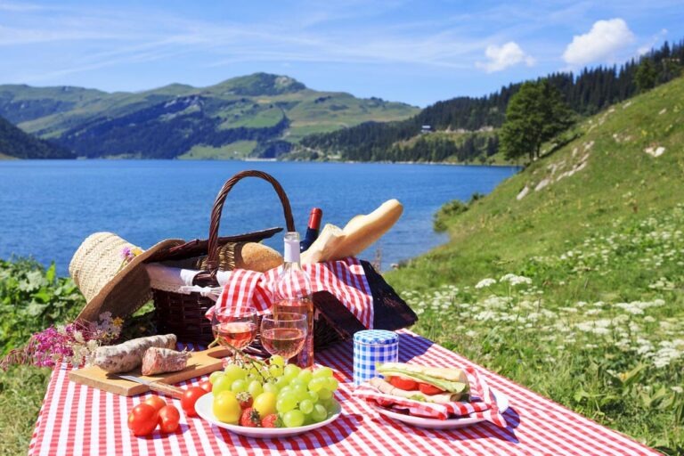 Picnic in french alpine mountains with lake