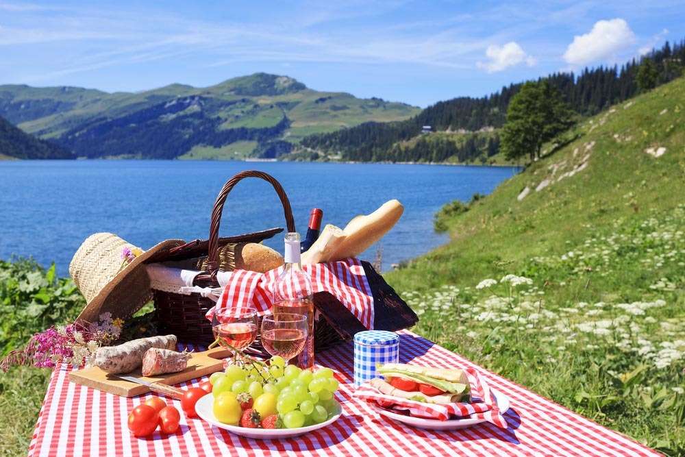 Picnic in french alpine mountains with lake